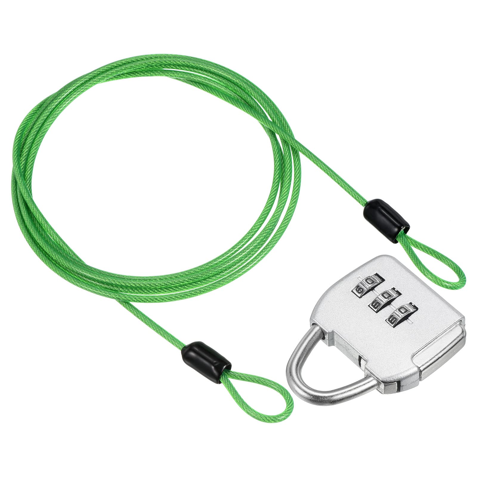 PATIKIL Security Steel Cable with 3 Digit Combination Lock, Travel Padlock 5Ft Green Coated Safety Wire Rope Double Loop for Luggage Suitcase, Silver
