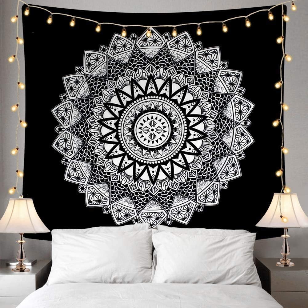 Ucio Mandala Tapestry, Black and White Tapestry Wall Hanging for Bedroom, Black Bohemian Flower Wall Tapestry for Living Room Bedroom, 51.2x59.1 inches