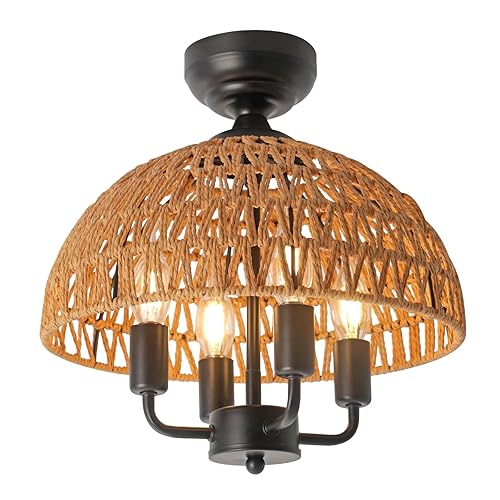 SEEBLEN Rattan Light Fixtures Ceiling Mount 4-Light Boho Light Fixtures Ceiling Light,Farmhouse Close to Ceiling Light for Bedroom,Coastal Boho Light for Bedroom Hallway Entryway.