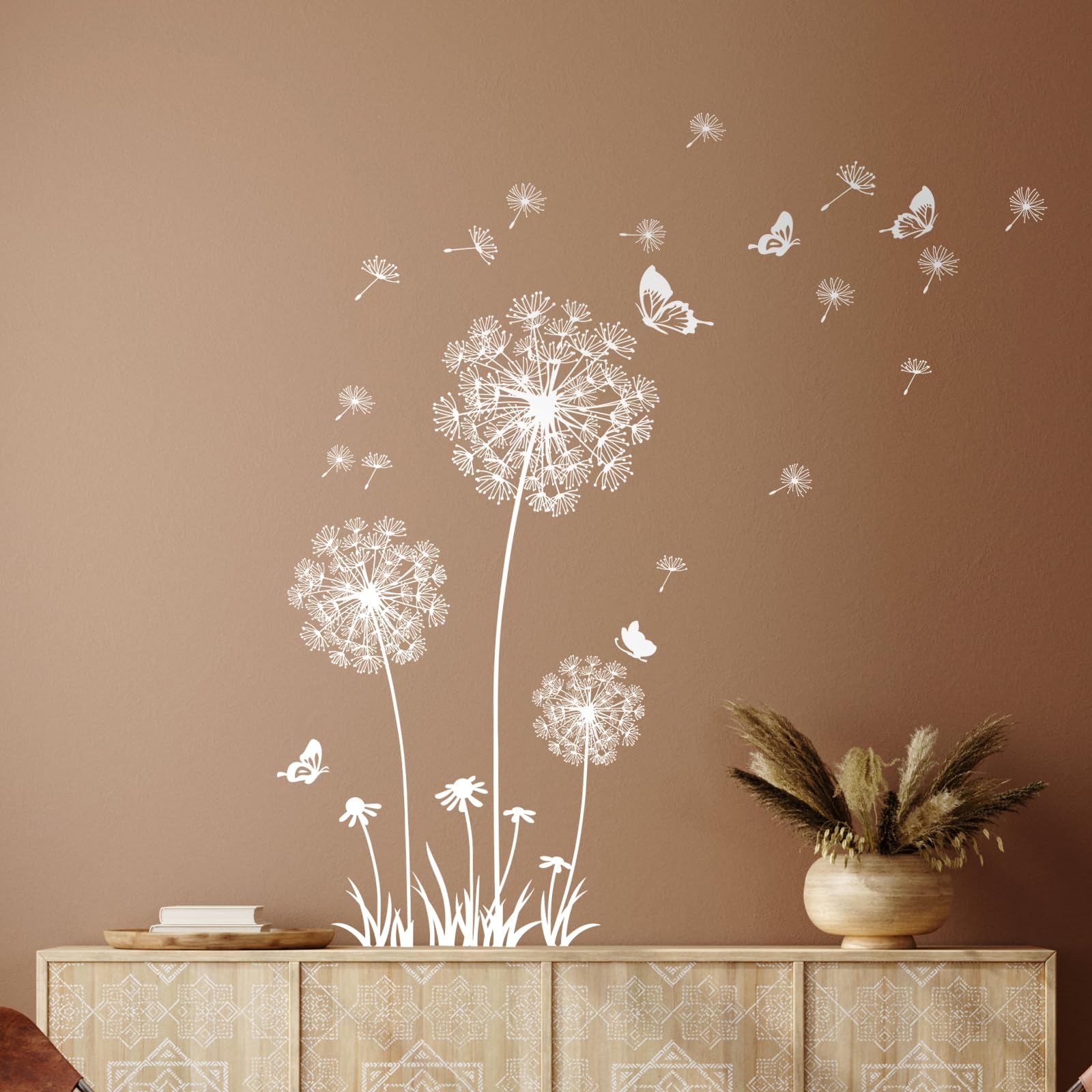 Tanlaby Dandelion Wall Stickers Flower Wall Decals Butterflies Flying Wall Decors Art Stickers for Bedroom Living Room Sofa Backdrop TV Wall Decor (White Dandelion)