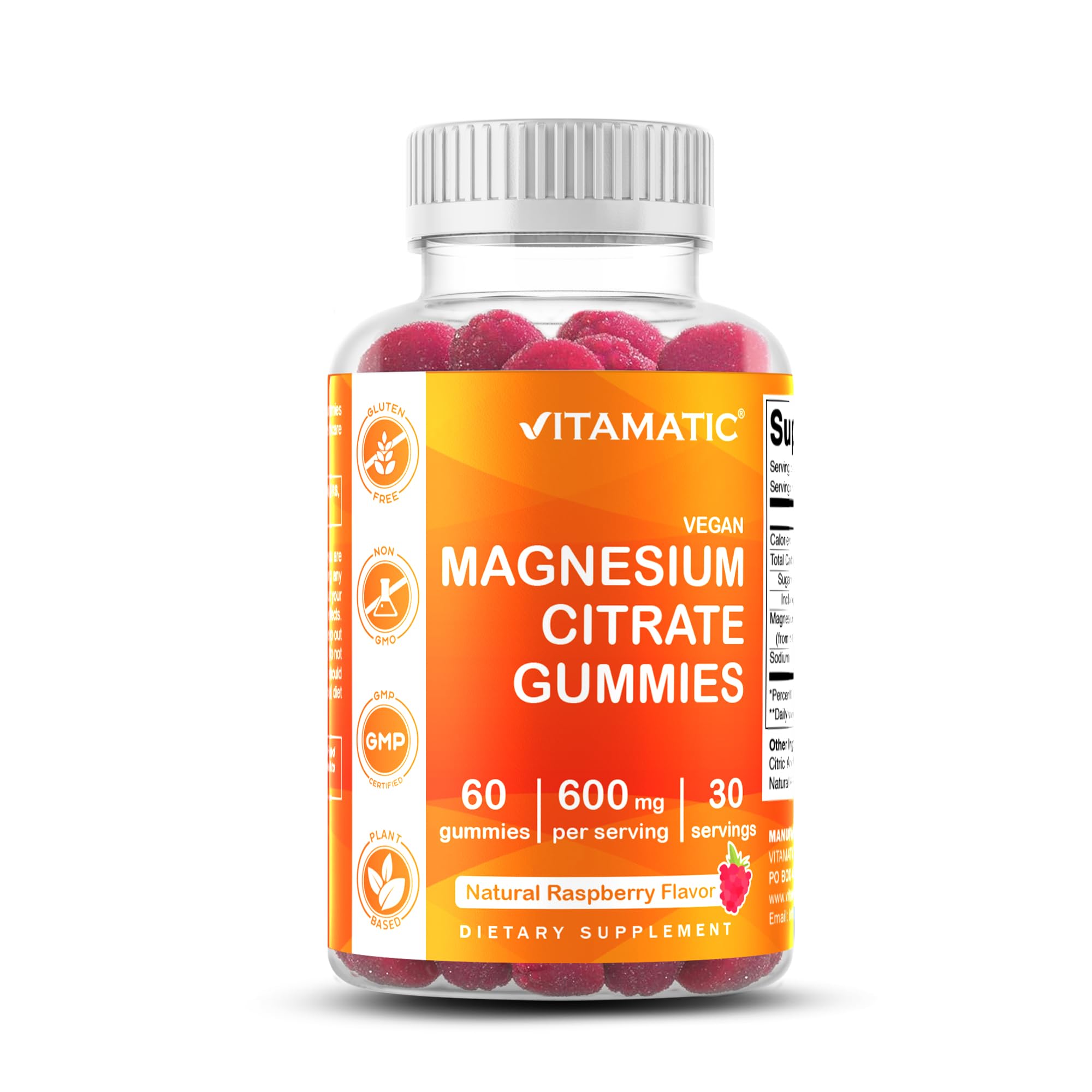 Vitamatic Magnesium Gummies 600mg per Serving - 60 Vegan Gummies - Promotes Healthy Relaxation, Muscle, Bone, & Energy Support