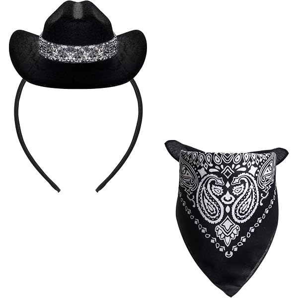 Costume Cowboy 3 Pièces Noir - Chapeau à Paillettes, Bandana Et Lunettes Cœur Pour Fête Déguisement Halloween Ou Anniversaire