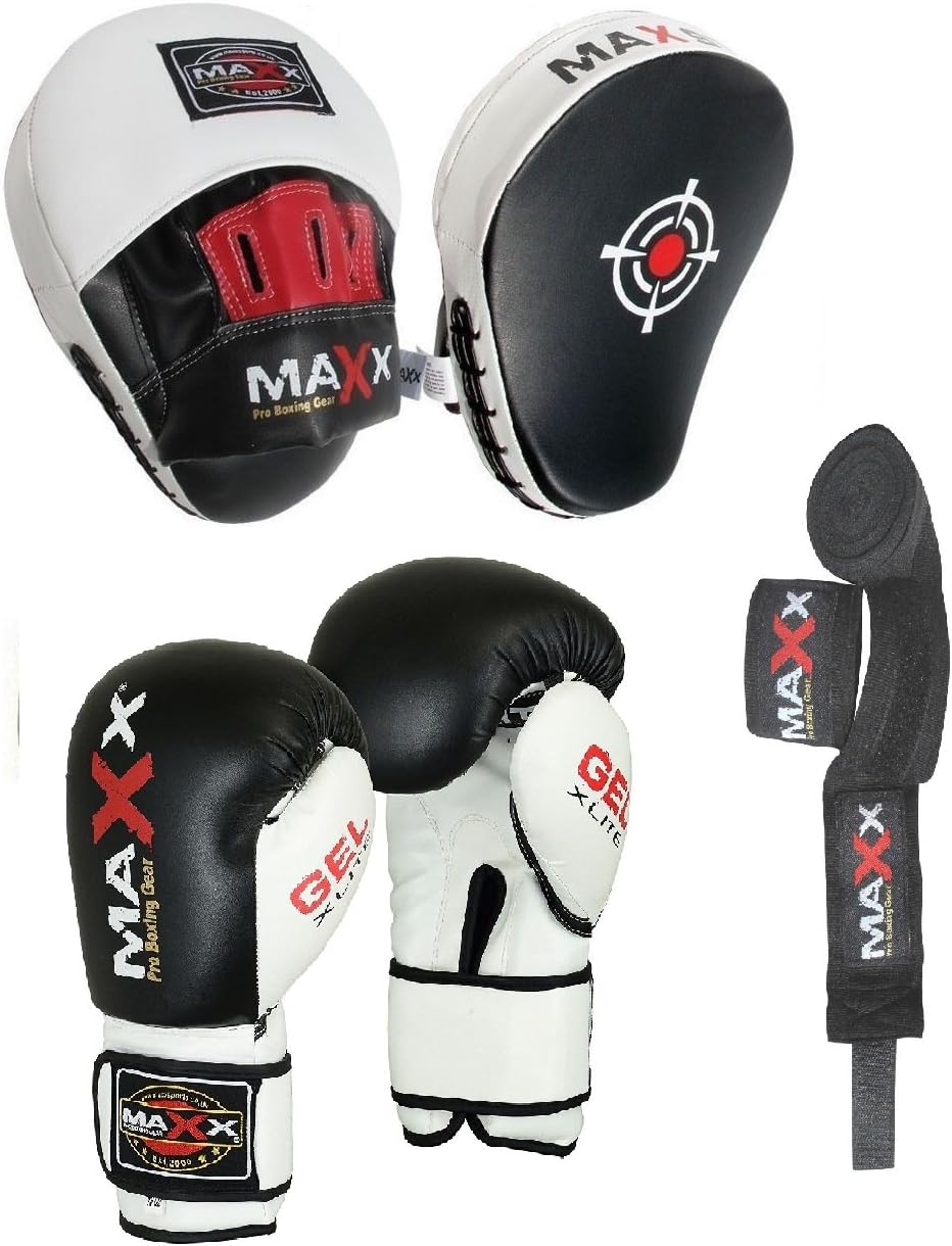 MAXX Pro Boxing GearMaxx BOXING GLOVES & LEATHER CURVED FOCUS PADS WITH FREE HAND WRAP MMA Boxing MULTI COLORS