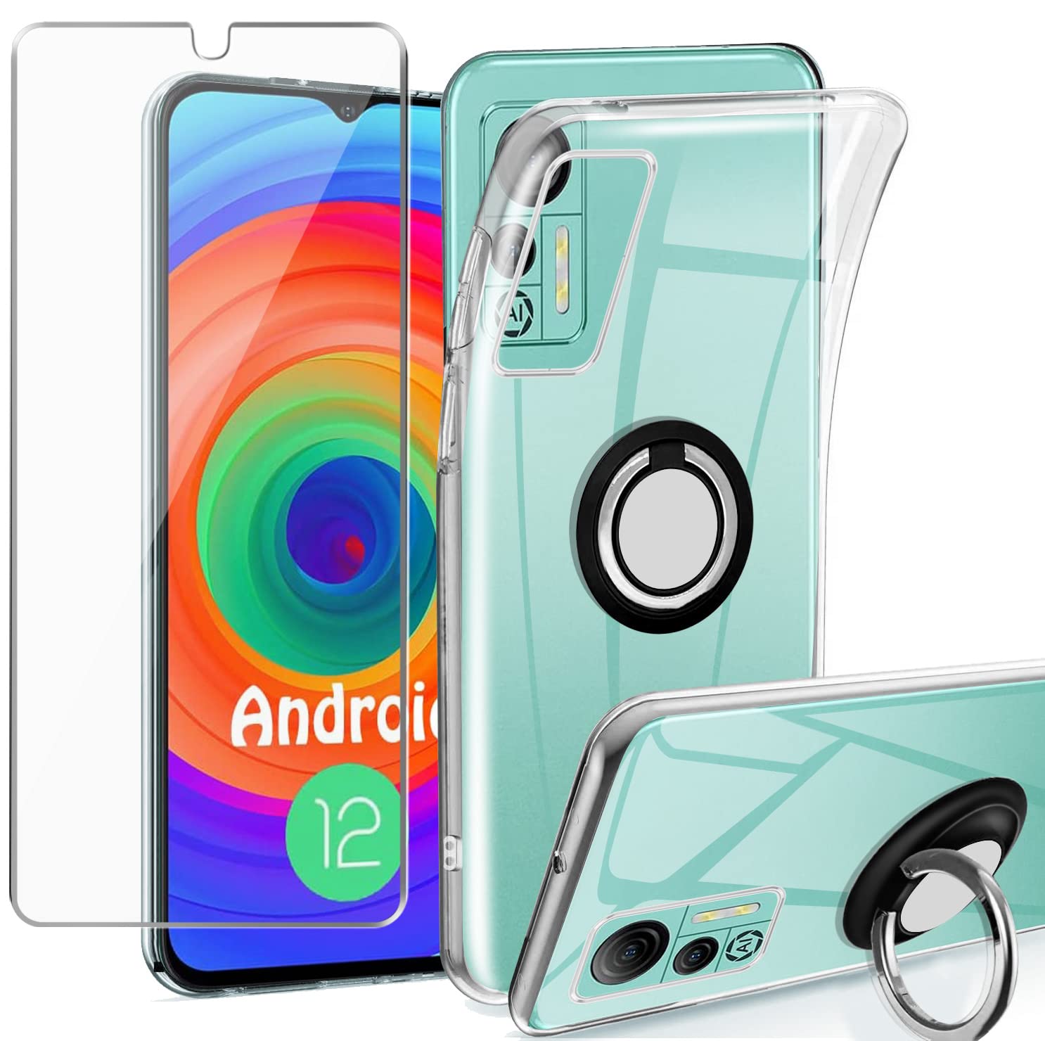 for Ulefone Note 14 Case, Tempered Glass Screen Protector with 360 Degree Rotating Holder Kickstand Soft TPU Silicone Cover Protection, Phone Case Cover for Ulefone Note 14, Crystal Transparent