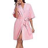 ANLIQI Womens 100% Cotton Robes Lightweight Short Sleeve Bathrobe Knee Length Kimono Bath Robe with Pockets Ladies Sleepwear