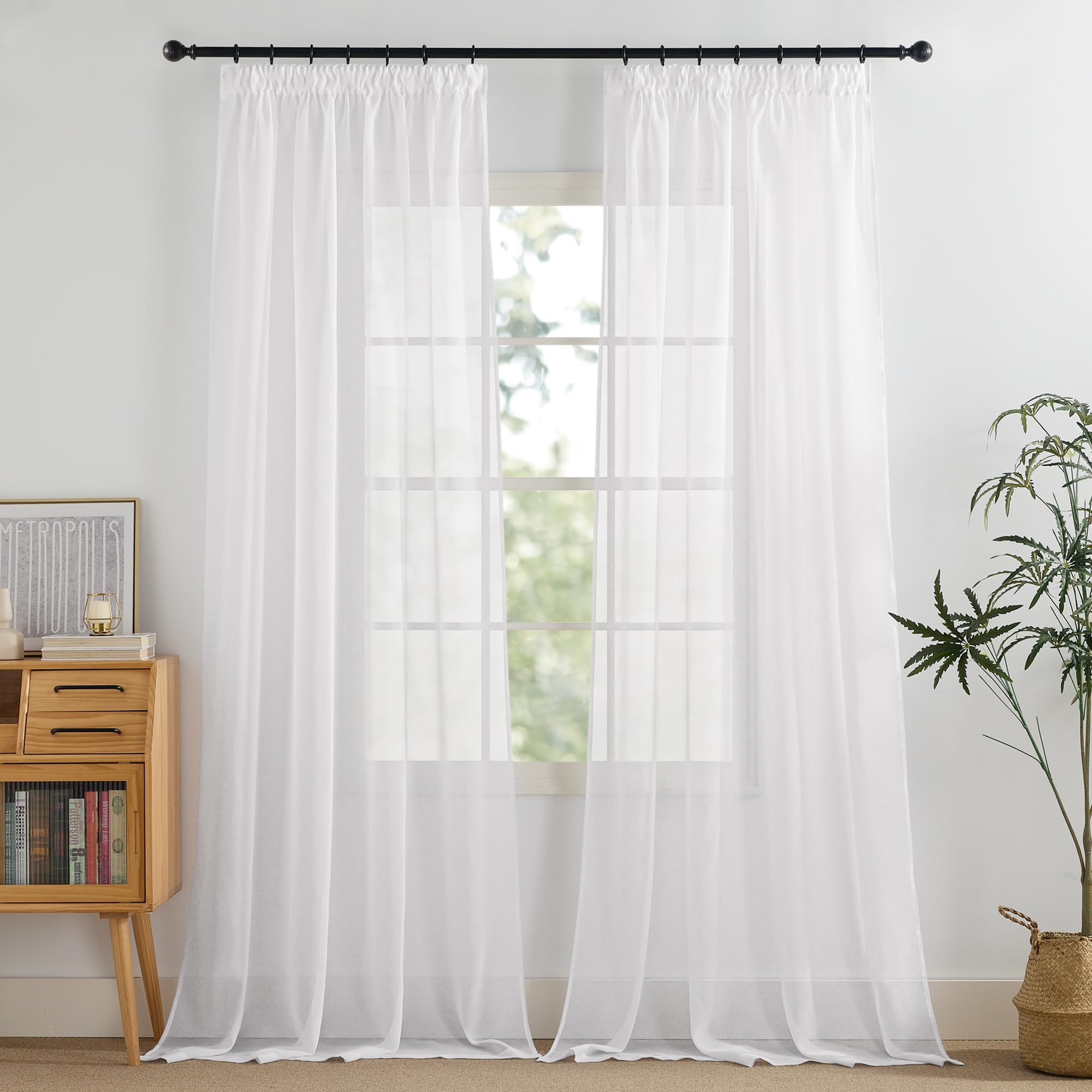 PONY DANCE Living Room Voile Curtains - Extra Long White Linen Sheer Curtains Pencil Pleat for Sliding Glass Door Transparent Panels for Home Decoration, 2 Panels, W 55 x L 110 inch, 140CM x 280CM