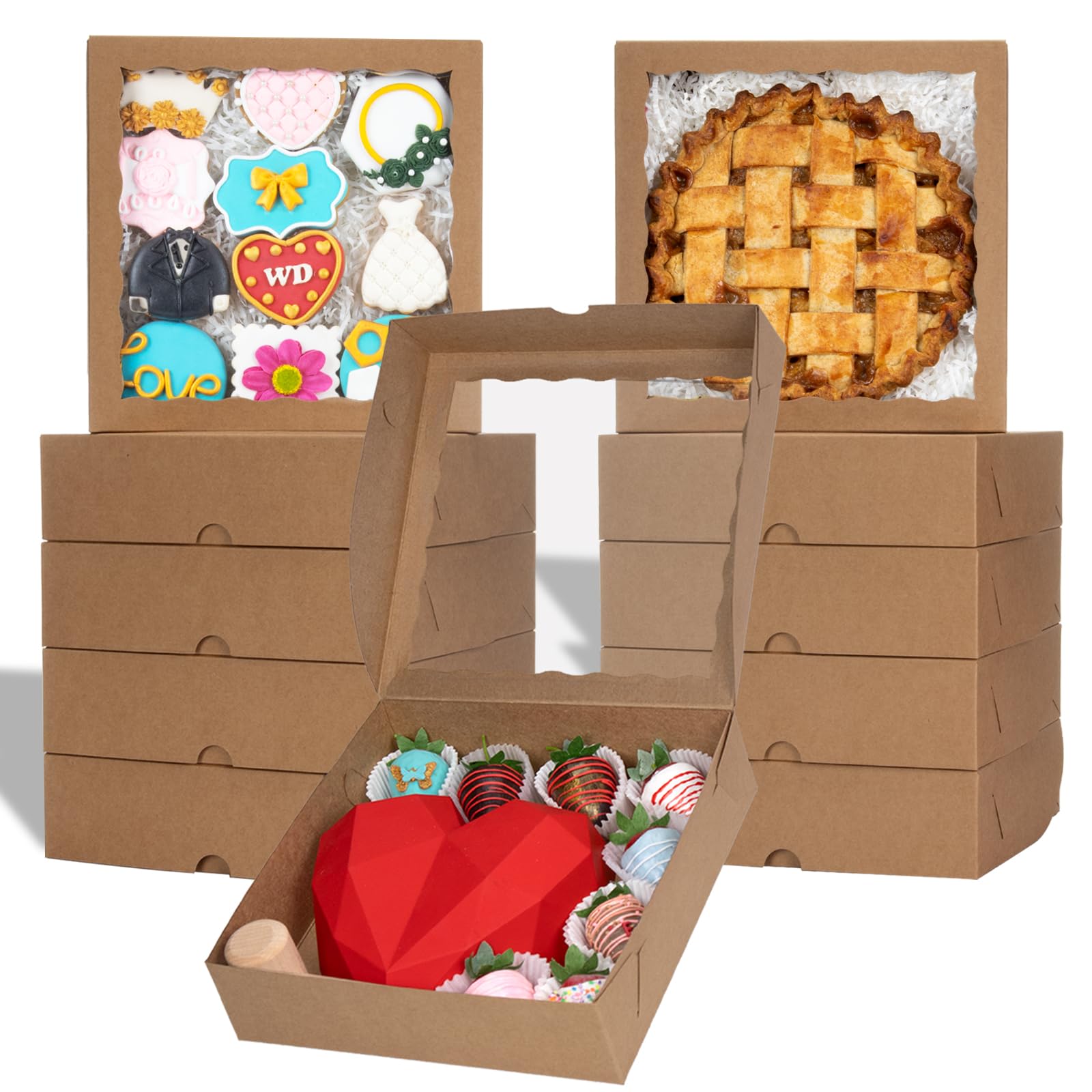 Photo 1 of TEMLQPACK 50pcs 9x9x2.5 Inch Brown Bakery Boxes with Window, Pie, Cookies, Chocolate Covered Strawberries, Breakable Heart, Charcuterie Boxes for Christmas