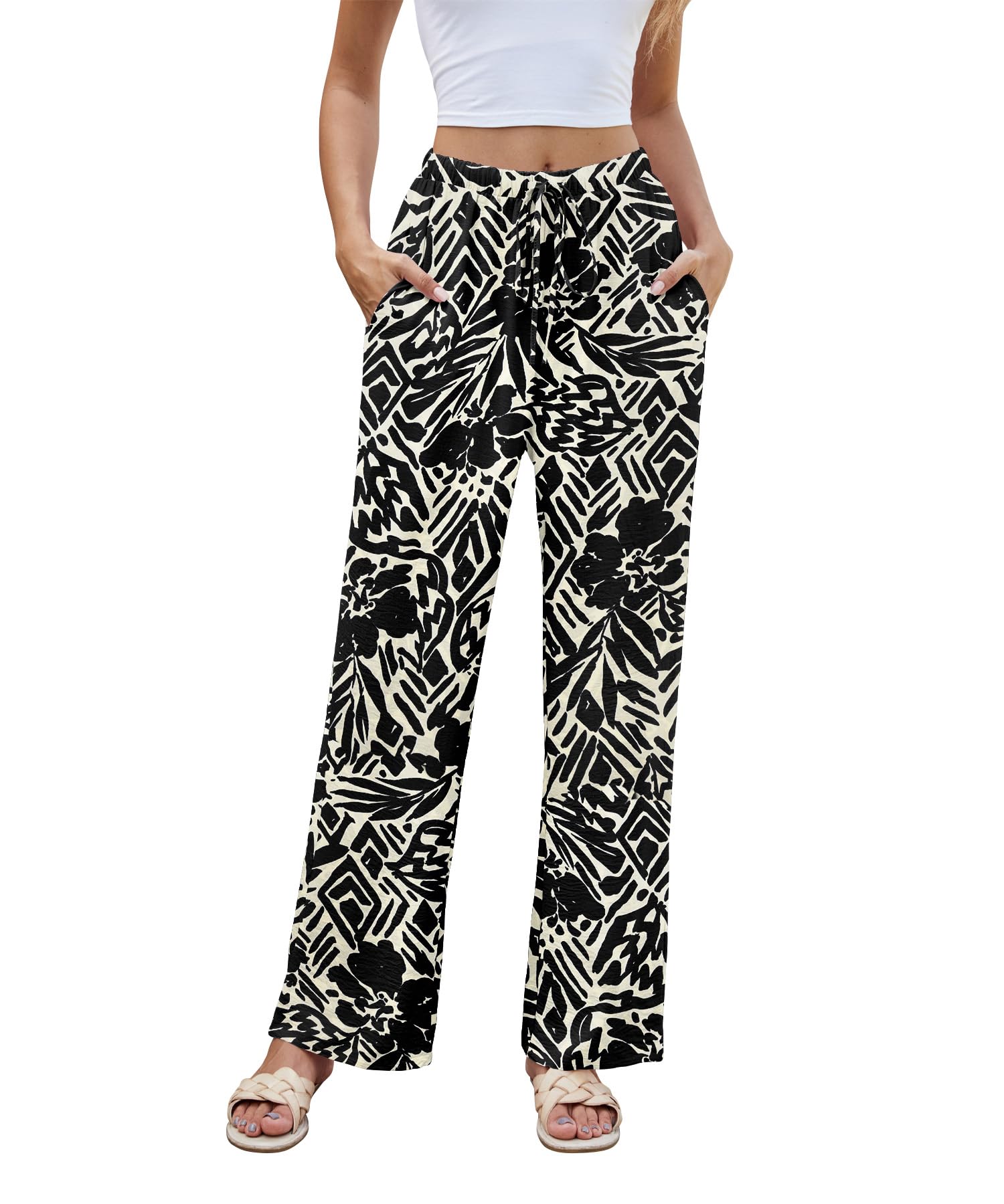 Photo 1 of YSYOKOW Women High Waist Casual Pants Elastic Wide Leg Summer Beach Palazzo Trousers with Pockets Lightweight Comfy(Black White Flor, X-Large)