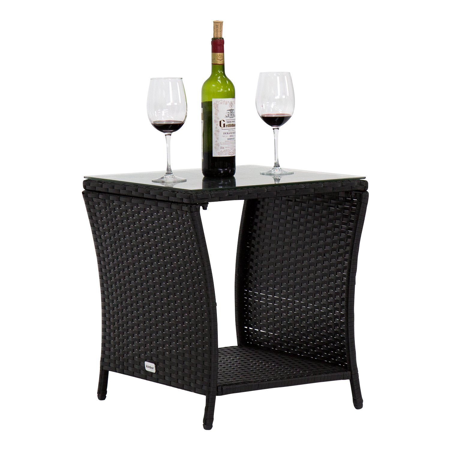 kinbor Black Outdoor Square Wicker Rattan Side Coffee Table w/Glass Top Patio Furniture with