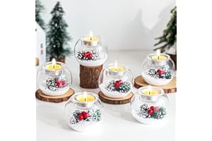 Hewory Christmas Tealight Candle Holders: Glass Tea Light Candle Holder Set of 6, Ball Candl Holders with Red Berry and Pinecone, Christmas Table Decorations for Dinner Holiday Party Fireplace Mantle