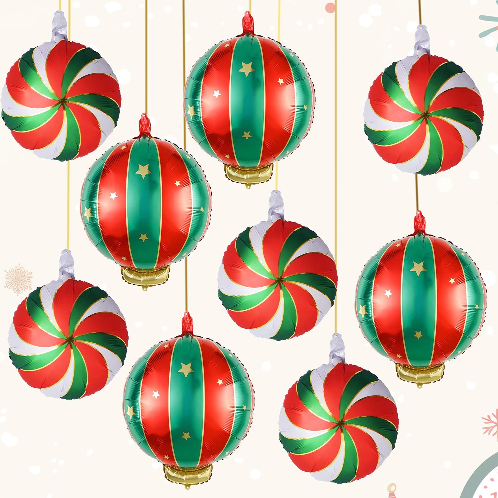 9PCS Xmas Round Candy Lollipop Foil Balloons and Christmas Hanging Ball Mylar Foil Balloons, Red Green Gold Christmas Candyland Decorations for New Year Party Decor