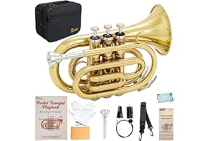 Kmise Bb Portable Pocket Trumpet, Premium Brass Mini Trumpets for Students Beginners, Trumpet Instrument Set with Sturdy Case, 7C Mouthpiece, Beginner's Guide Kit, and Cleaning Kit (Gold Lacquer)