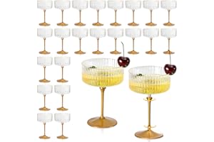 24 Pcs Gold Plastic Ribbed Coupe Glasses with Gold Rims 10oz Espresso Martini Glasses Disposable Champagne Coupe Cocktail Gla