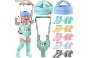 Leumoi 13 Pcs Baby Safety Helmet Infant Baby Walking Harness with Anti Slip Knee Pads for Crawling Toddler Socks 2 No Bumps Baby Head Protector 1 Adjustable Walking Assistant (Blue Cow)