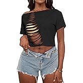 LovelyWholesale Womens Off The Shoulder Crop Tops Sexy Cut Out Ripped Short Sleeve T Shirts