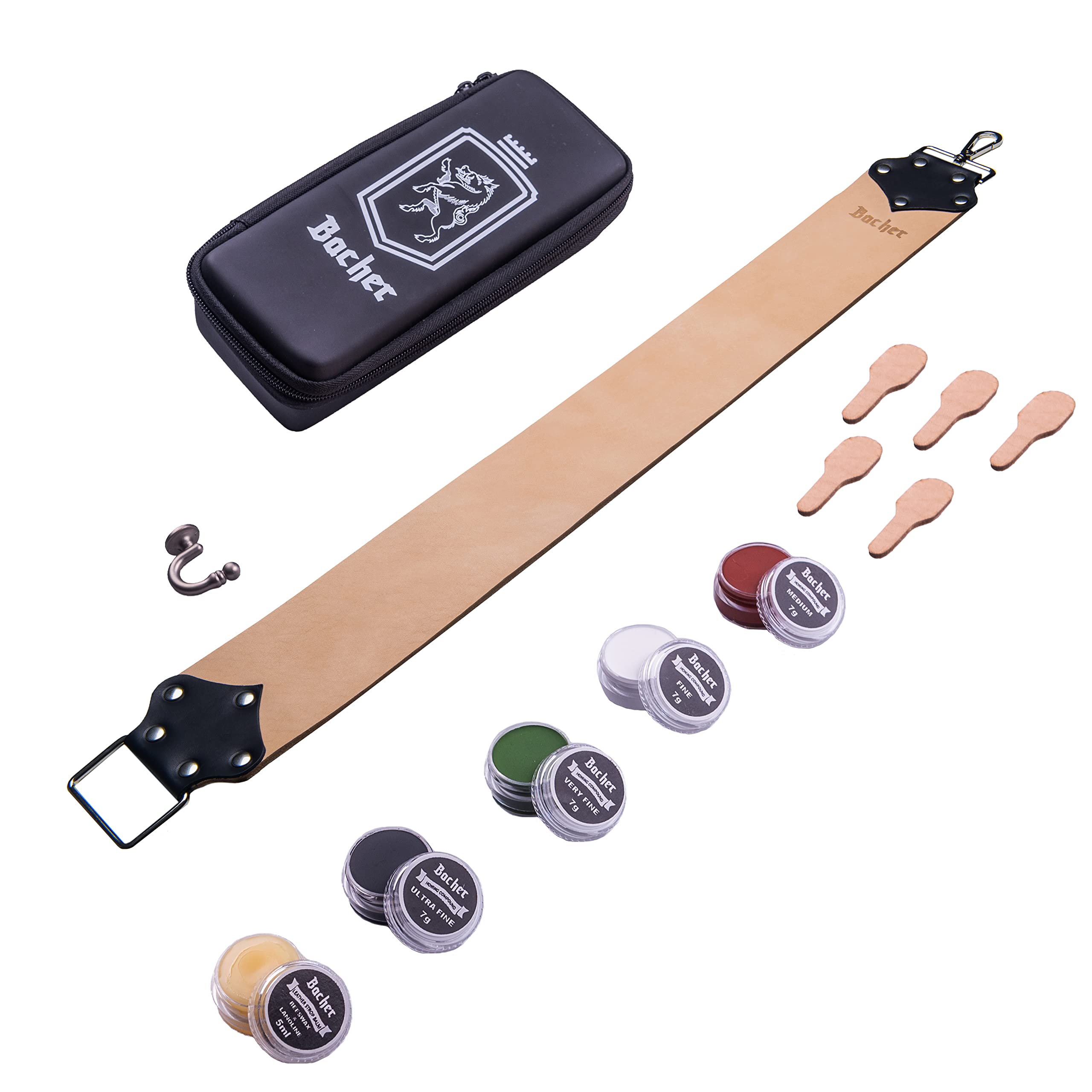 Bacher Shaving Strop Belt with Honing Compounds - Premium Straight Razor Strop Set - Wide Leather Strop Razor Sharpener, Sharpening Compound and Case (Long&Wide: 72x8 cm) - Manual Shaving Accessories