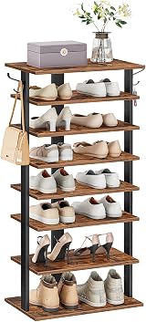 HOOBRO Tall Narrow Wooden Shoe Rack 8-Tier with 2 Hooks Rustic Brown view 9