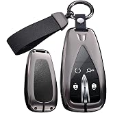 Rondrive Key Fob Cover Compatible with Changan CS35 CS55 CS75 Plus Eado UNI-T UNI-K, Metal and Leather Car Key Case for Oushang X5 X8 EV, Black