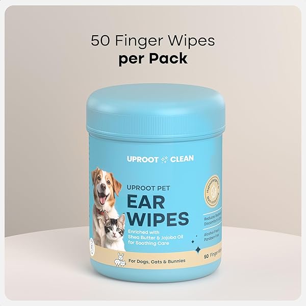 UPROOT CLEAN CAT & DOG EAR CLEANER FINGER WIPES (50CT.): DISPOSABLE DOG EAR WIPES ENRICHED WITH SHEA BUTTER & JOJOBA OIL – CLEANER REMOVING WAX BUILD UP, HELP WITH ODOR DISCOMFORT