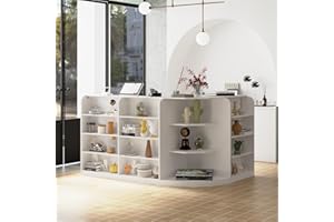 ROMSHINE Reception Desk for Retail and Checkout, L-Shape Front Desk with 3 Drawers and Display Shelves, Reception Counter Table for Shop, Salons, White