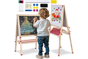 OMOTIYA Double Sided Foldable Easel for Kids Adjustable Height Wooden Art Station with Paper Roll and Accessories Ideal Gift for Toddlers Boys Girls Ages 3 4 5 6 7 8 Years Old