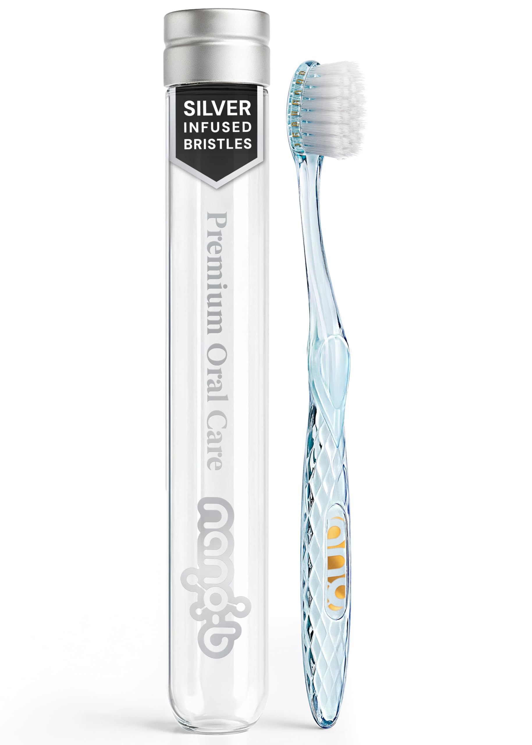 Nano-b Manual Toothbrush for Adults with Sensitive Gums, Silver Soft/Medium Bristles, Travel Case, Blue