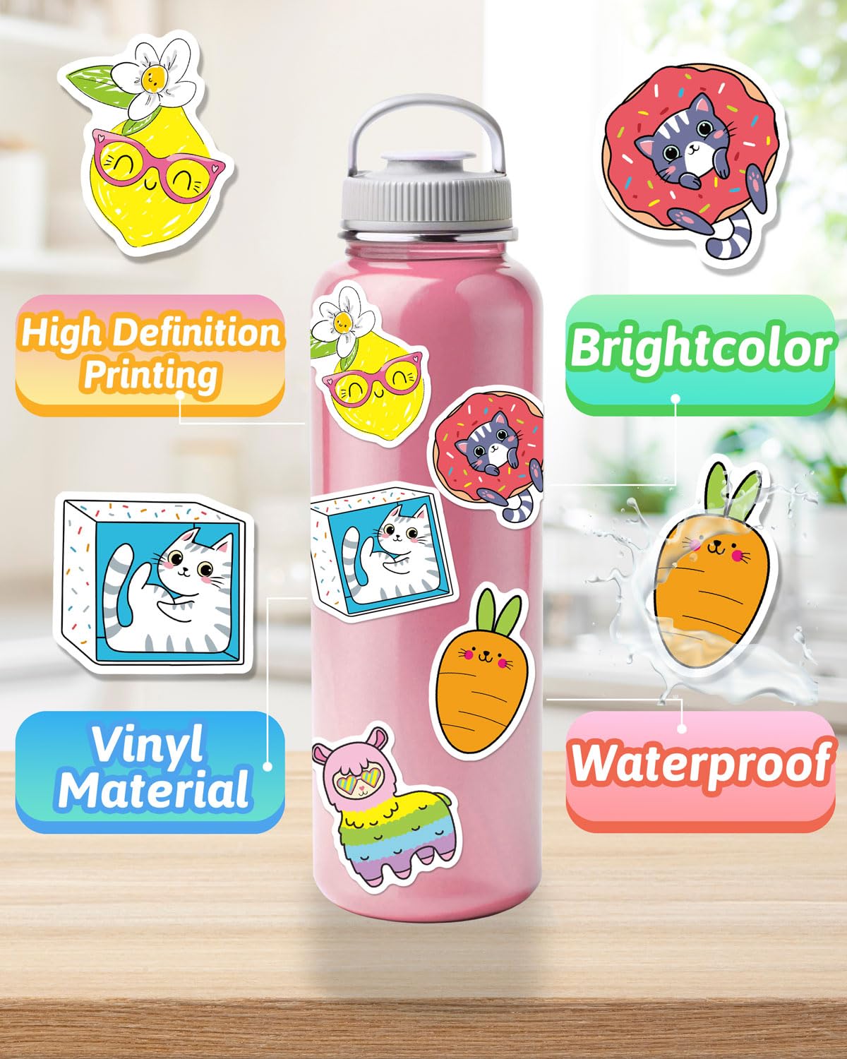 Water Bottle Stickers for Kids, 100 PCS Waterproof Cute Fun Vinyl Stickers Pack for Girls Boys