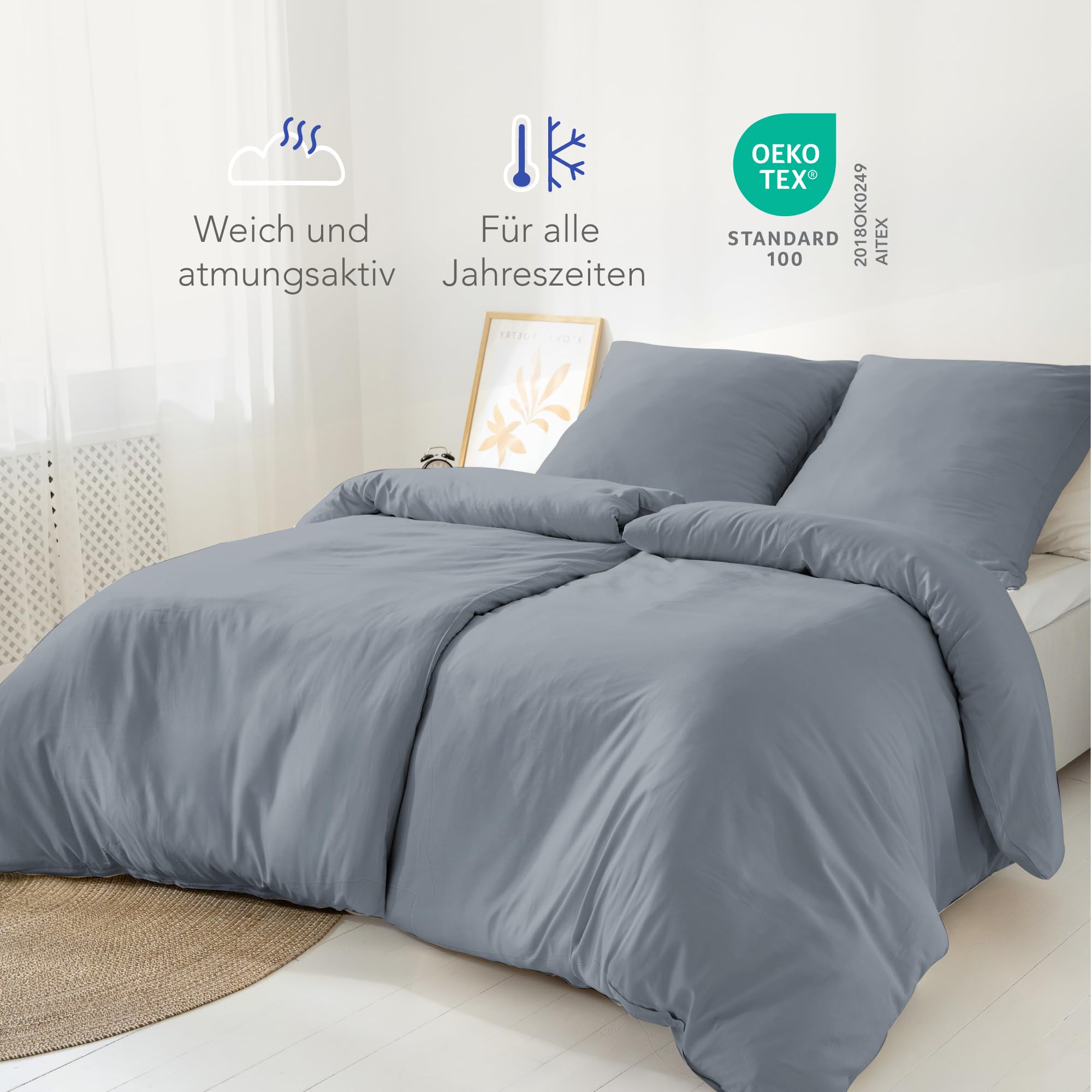 Dreamzie 2 Bettwäsche Set 135x200 Mako Satin - Grau - 2 Bettbezüge 135x200 cm mit 2 Kissenbezüge 80x80 cm - Oeko-Tex Zertifiziert - Bettwäsche 135x200 Baumwolle 4teilig 4