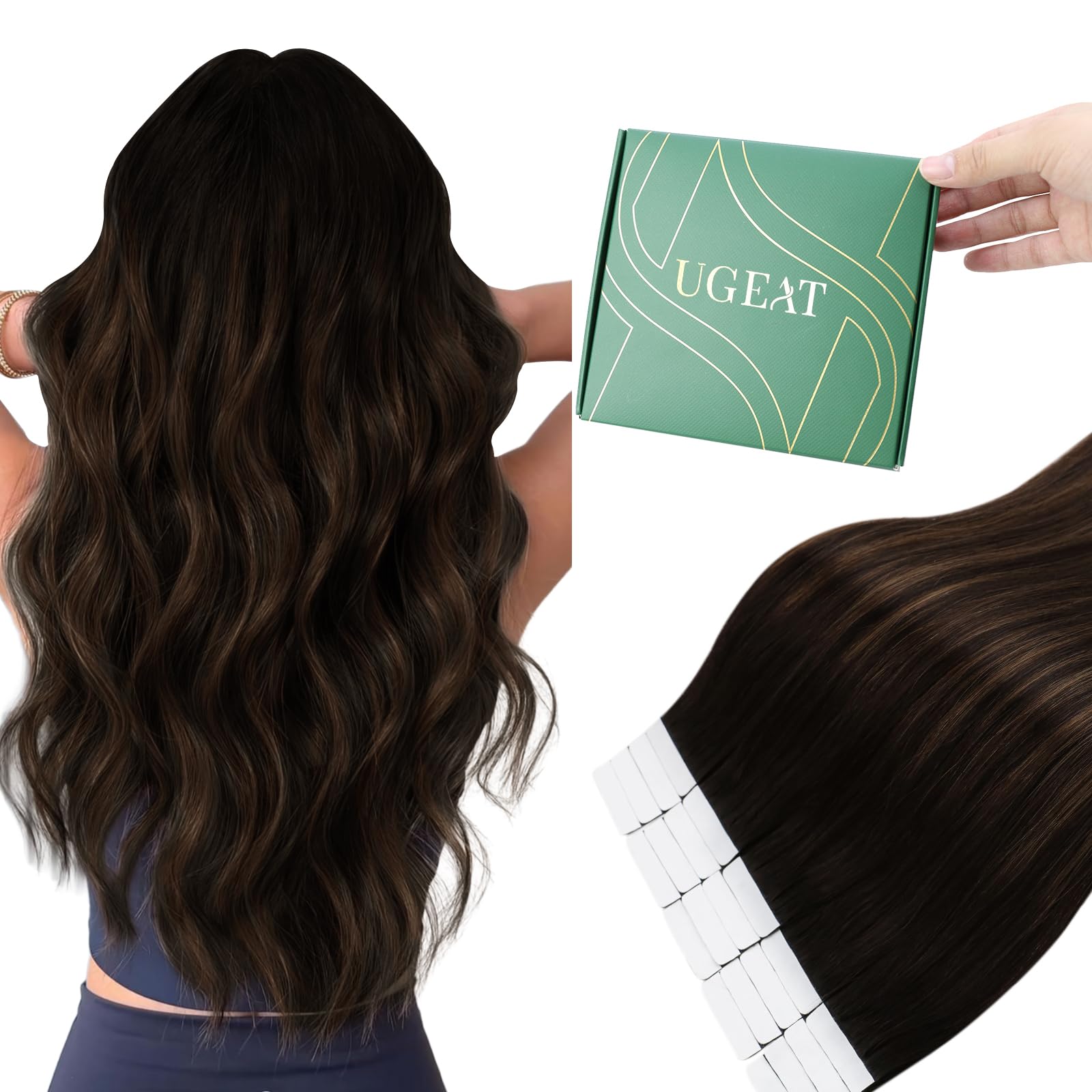 Ugeat Tape in Hair Extensions Balayage Invisible Tape in Extensions Human Hair Ombre Dark Brown Mix Medium Brown Balayage Hair Tapes in Extension 20 Inch 20Pcs 50G