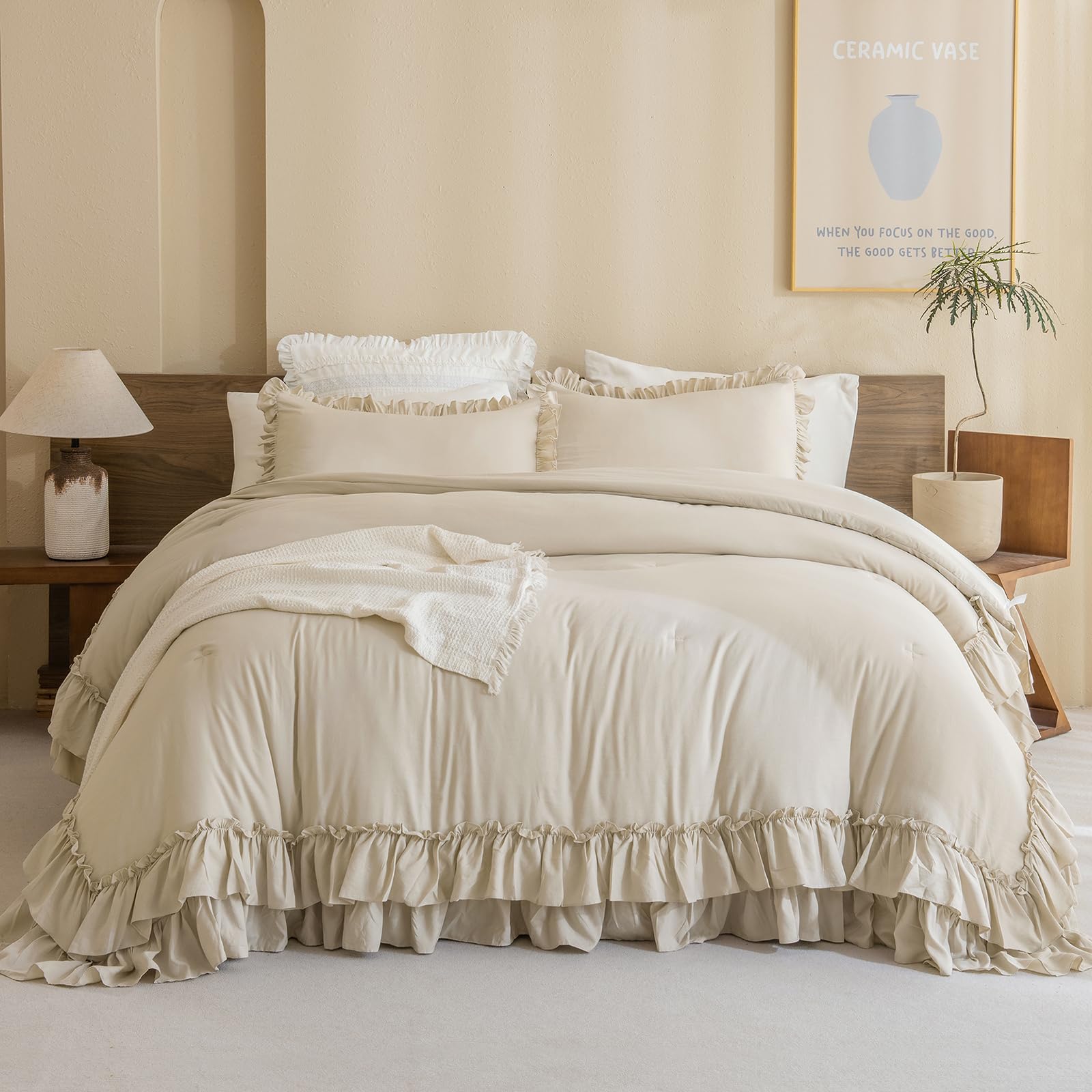 Photo 1 of Masaca Farmhouse King Size Comforter Set,Shabby Boho Chic Bedding Ruffled King Bed Comforter Vintage Rustic French Country Bedding Sets 3 Pieces (1 Ruffle Comforter and 2 Pillowcases)