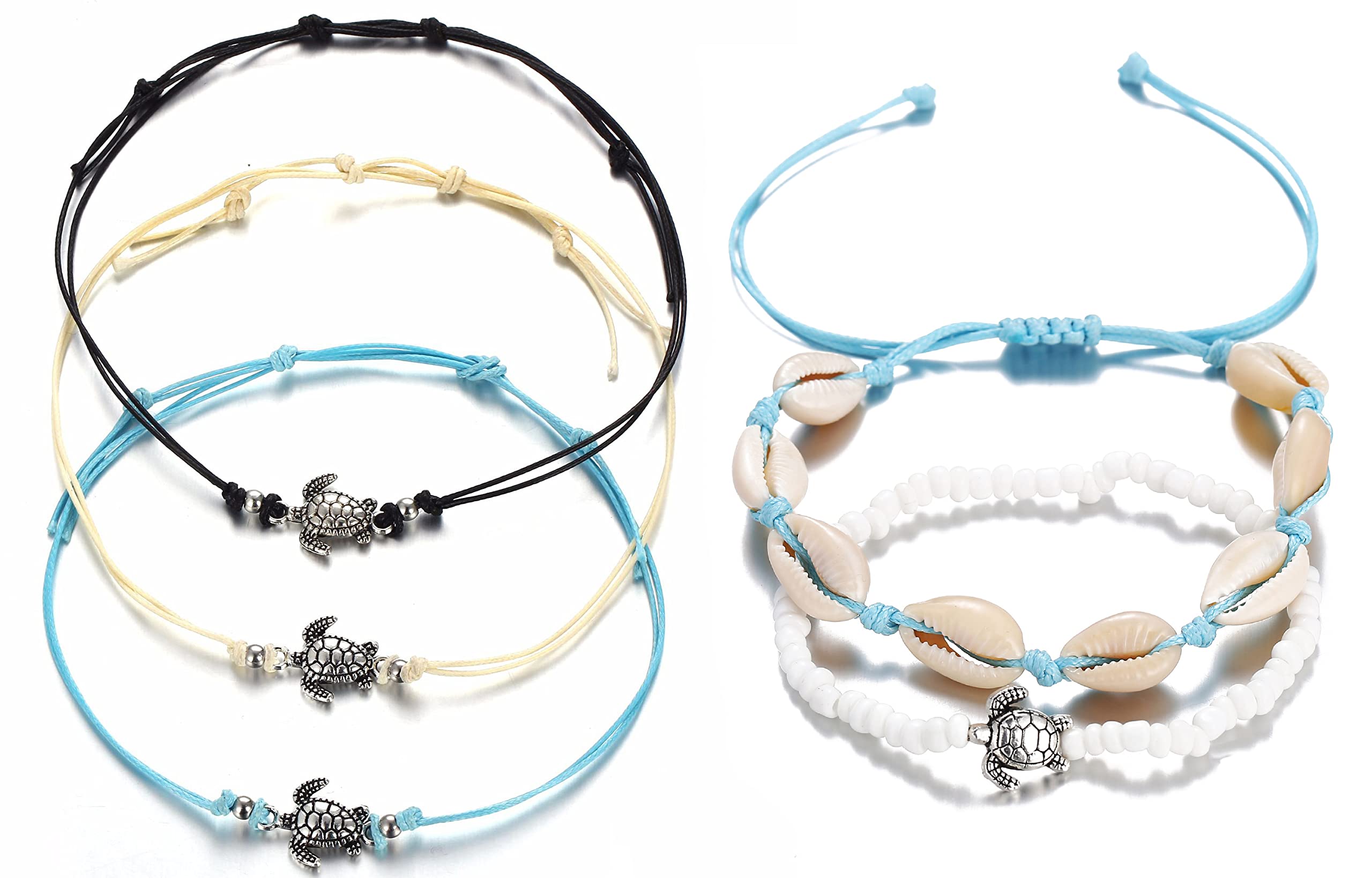 Liitata 5 Pcs Beach Turtle Shells Anklet Set Adjustable Boho Turtle Ankle Handmade Layered Rope Anklet for Women Girls