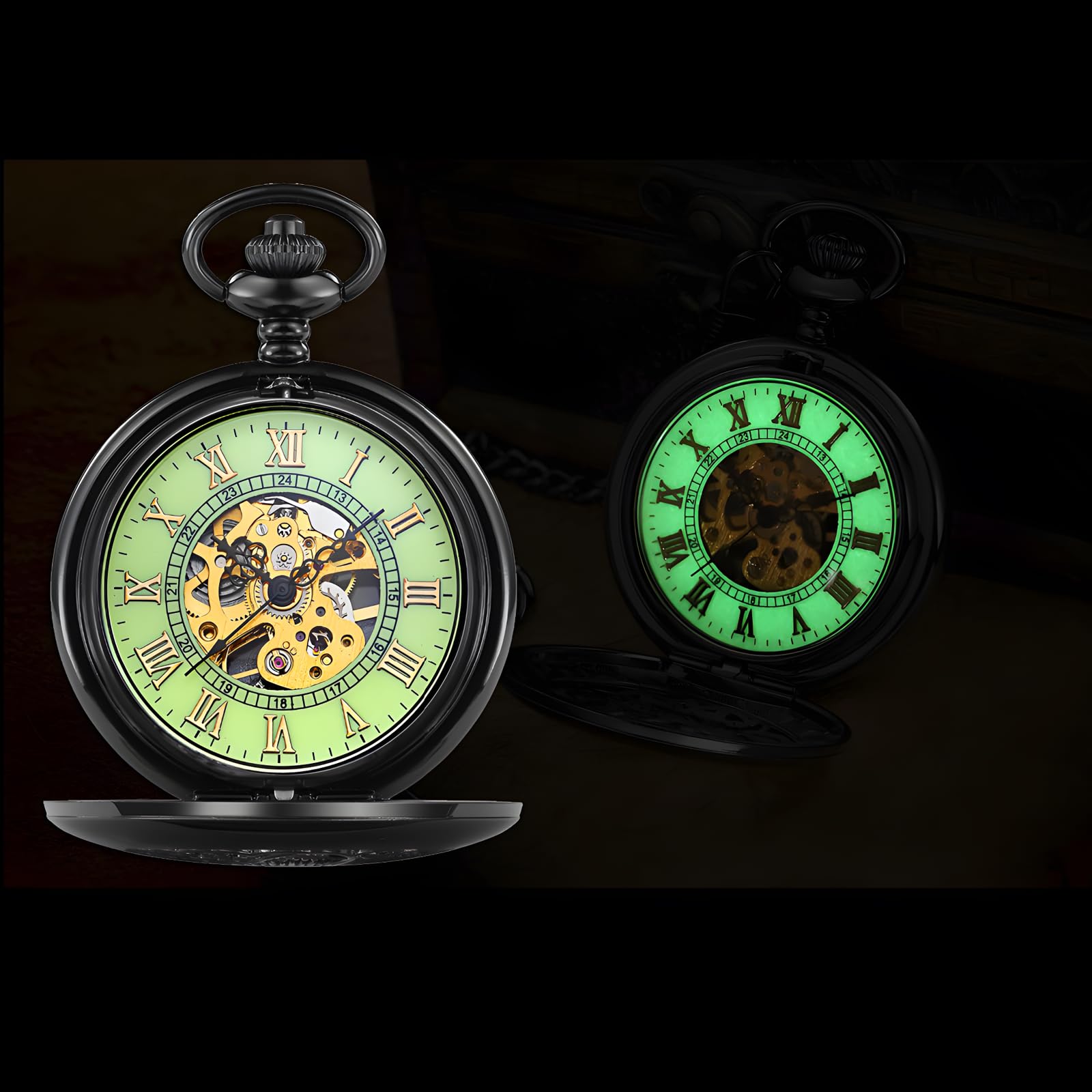 Carrie Hughes Mens Cobweb Black Steampunk Skeleton Pocket Watch with Chain in Box CHPW4