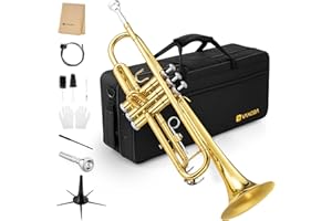 Vangoa Bb Trumpet Brass Standard Gold Trumpet Instrument for Student School Band Orchestra Adult Kid Beginner with Hard Case, Stand, Cleaning Kit, White Gloves, Valve Oil and 7C Mouthpiece