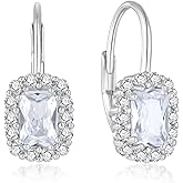 YIFSIY Rectangle Birthstone Earring for Women Cubic Zirconia Halo Drop Earrings, 925 Sterling Silver Emerald Cut Dainty Women's Jewelry Gift