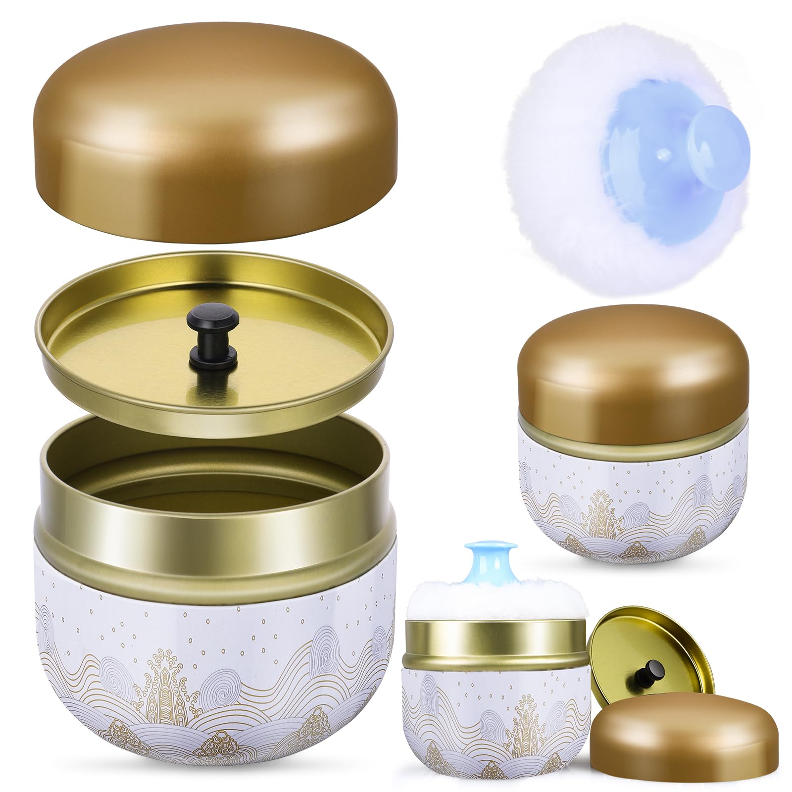 WLLHYF Fluffy Puff Baby After-Bath Powder Puff Kit - Body Cosmetic Container Tin Set Foundation Powder Box Beauty Application Tool for Women (White-Gold)