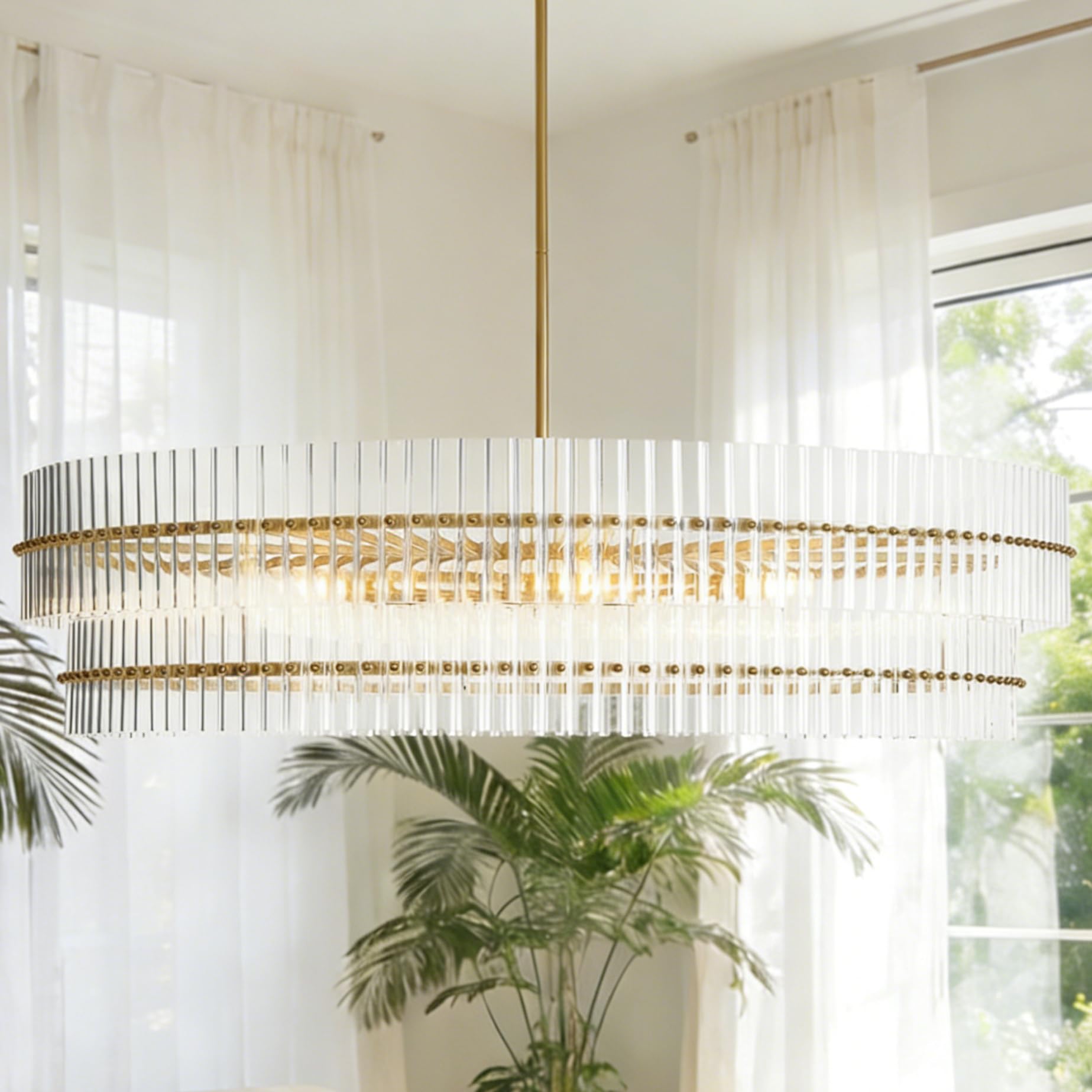 Photo 1 of 48" Crystal Fluted Glow Chandelier, Finial Details, Solid Crystal Craftsmanship, Fluted Modern Design, Bronze-Finished Iron Finials, Light, Bright, Airy Feel, Light Fixtures for Dining Room