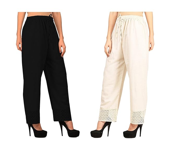 Women's Cotton Palazzo Designer Plain Casual Wear Palazzo for Women/Girl Combo Cotton Palazzo Color-Black_Off White