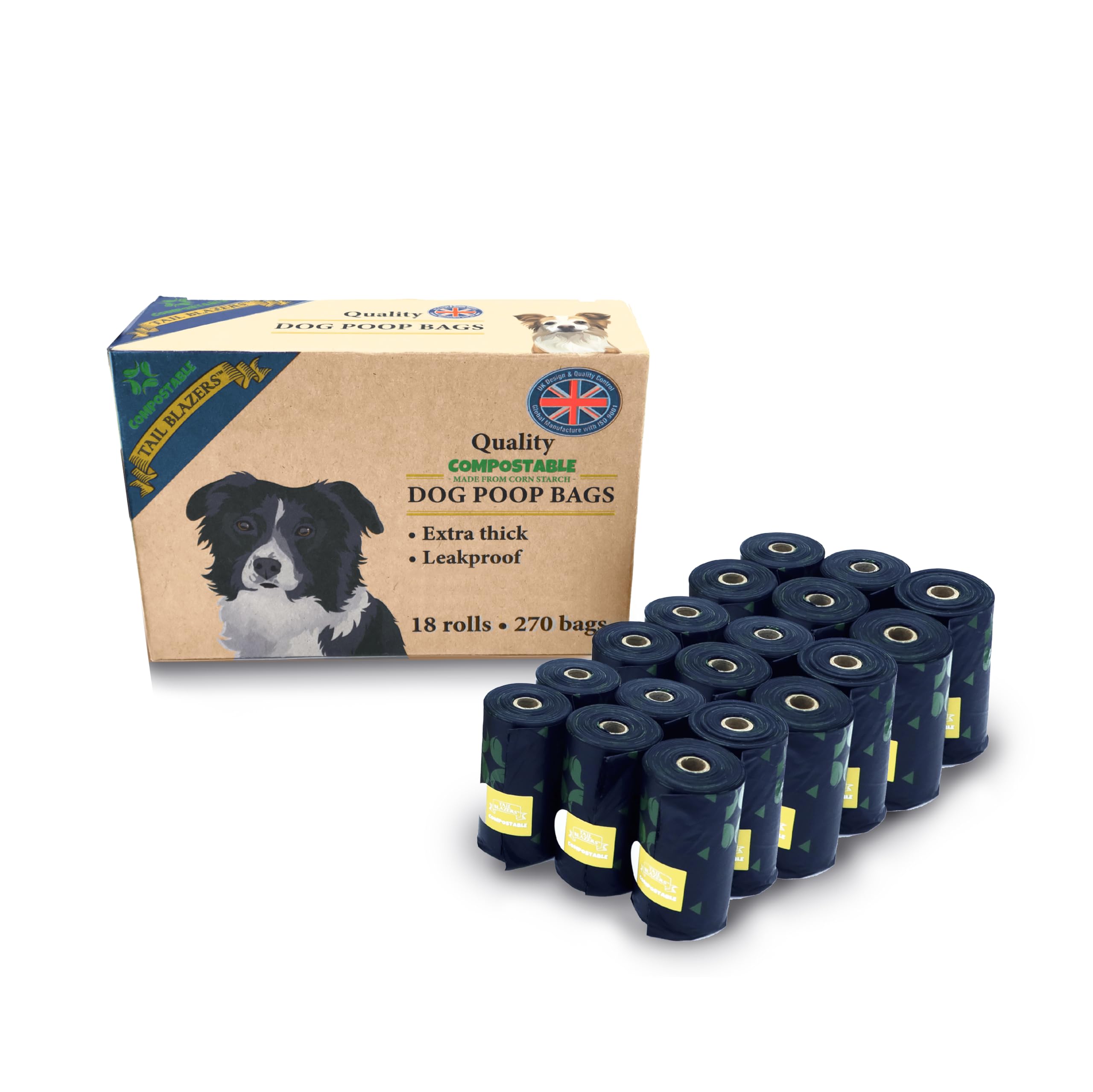 TAIL BLAZERS™ Quality Compostable Dog Poop Bags 270. Corn Starch Waste Bag Rolls for Dogs. Double Seal, Leak Proof. Different from Biodegradable Doggy Poo Bags. Extra Thick and Easy Tear.