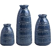 Yundu Navy Blue Ceramic Flower Vases for Home Decor Set of 3, Living Room Décor, Modern Farmhouse and Neutral Home Décor, Pmpas Grass Vase, Shelf, Mantle, Centerpieces Minimalist Décor