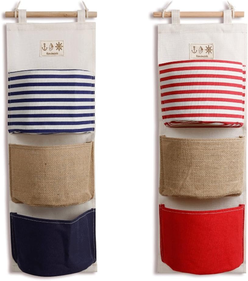 Hanging Storage Bag, Wall Mounted 3 Bags Nursery Storage Bag Over The Door Storage Pockets Fabric Wall Door Closet Hanging Storage Bag Organizer 2 Packs Stripe