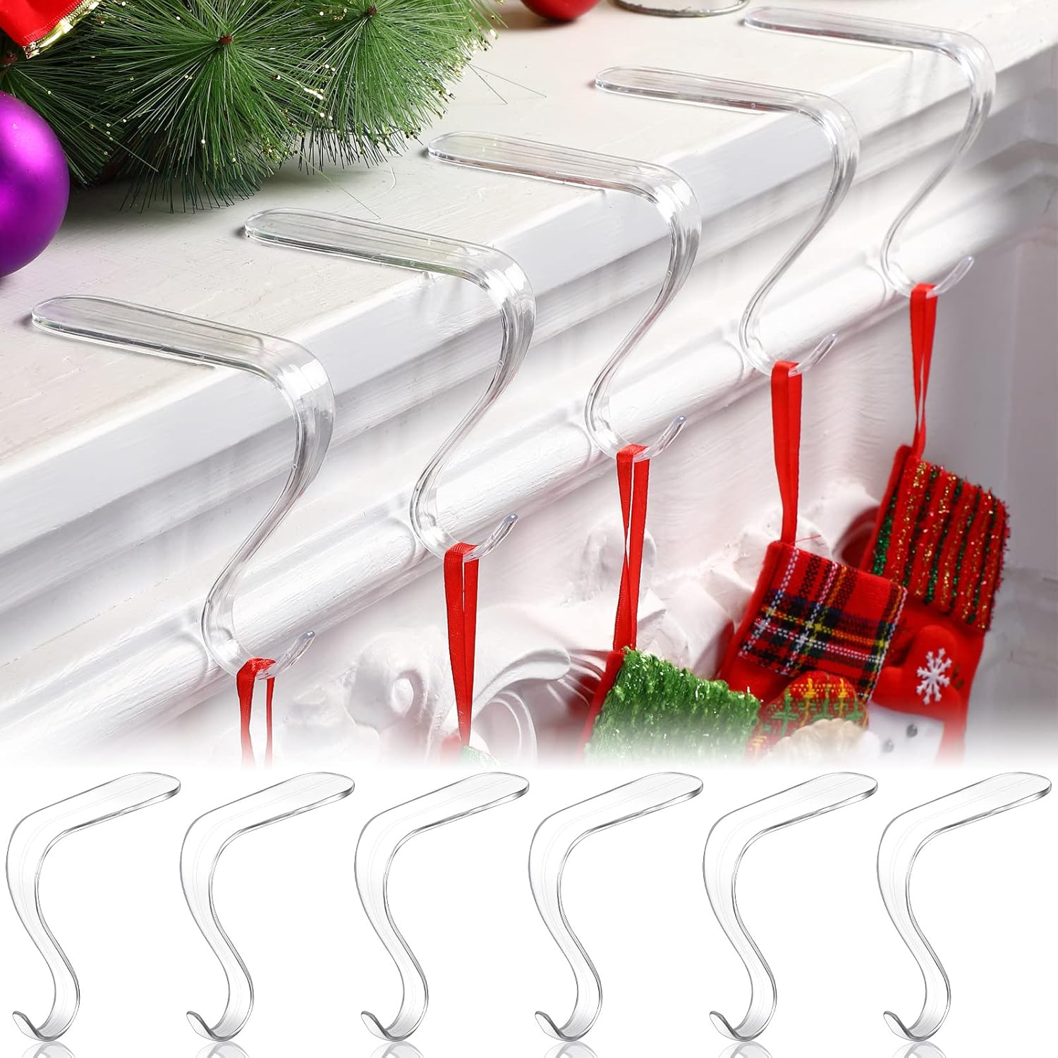 Stockings & Holders - Jetec Christmas Stocking Holders Acrylic Stocking Hangers for Mantel Transparent Stocking Hangers Non Slip Fireplace Stockings Holders Clear Stocking Holder Hooks for Party Xmas Decor (6 Pieces)
