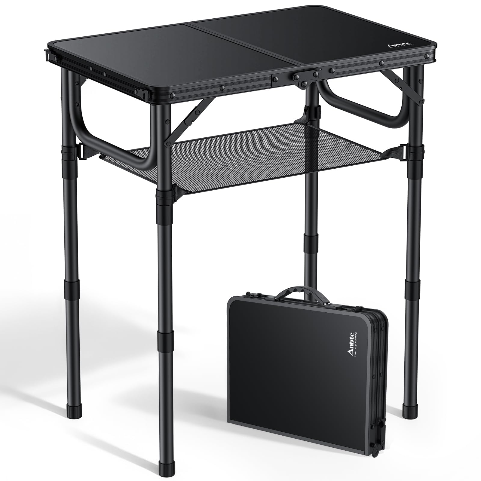 Anbte Folding Camping Table with Storage Net, 3 Adjustable Heights 2ft Aluminum Small Folding table, Lightweight Outdoor table, Portable Handle for Travel, Picnic, Camping, 60cm x 40cm, Pure Black