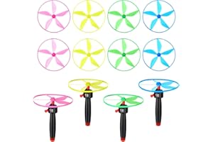 kymqlyw 12 Pcs Flying Saucer Flying Disc Toy Helicopter Toy Disco Flyers Include 4 String Launchers and 8 Flying Saucer Flying Disc Launcher Flying Toys Little Teens Outdoor Activity Birthday Favors