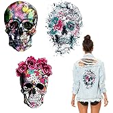 Skull Stickers Patches Halloween Supplies Red Rose Flower Butterfly Feather Iron on Heat Transfer Decals for Jacket Jeans Clothes DIY Decorations 3 Large Size Decals