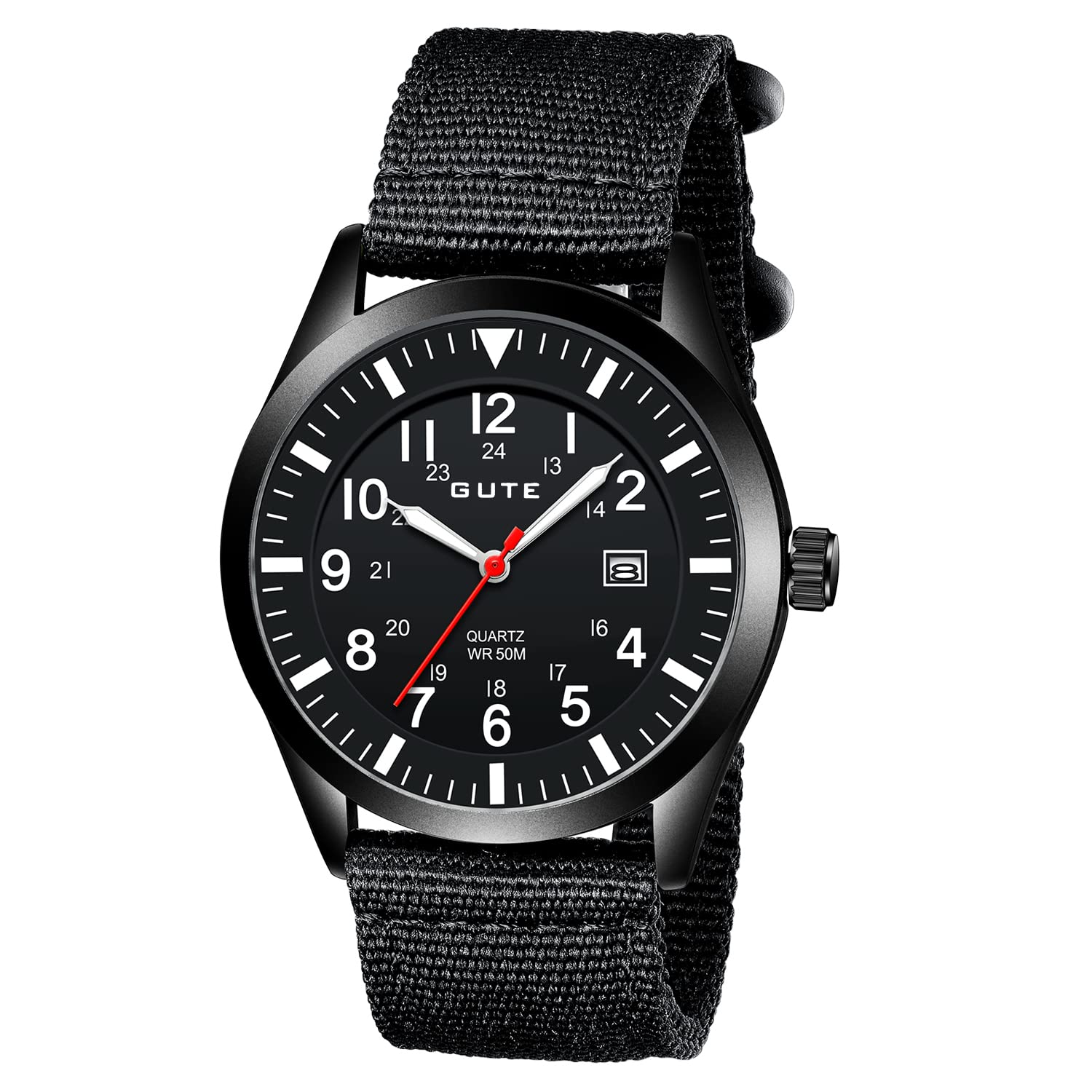 Gute Mens Military Watches Analogue Quartz Date Field Work Watch for Man Nylon Fabric Band Sport Wristwatch with Box (Black)