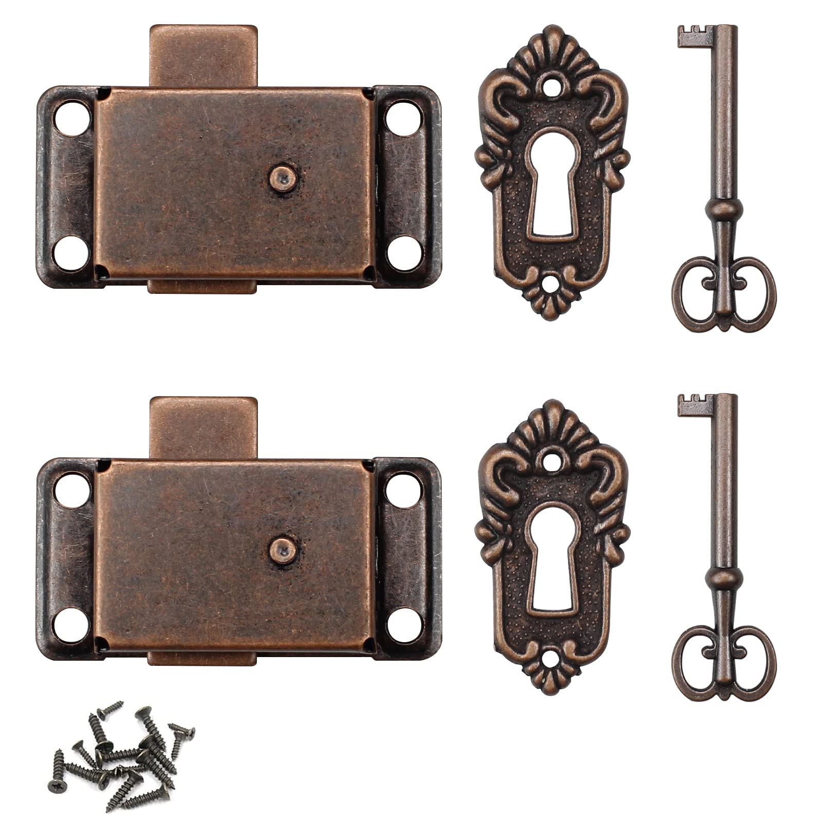 Quiodok 2 Pcs Antique Cabinet Door Lock Sets, Vintage Lock with Key for Wardrobes, Drawers, Boxes