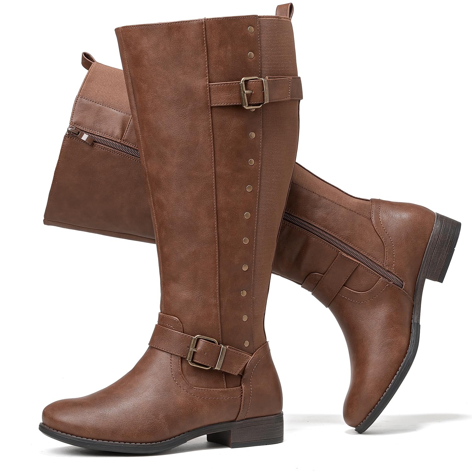 Photo 1 of Luoika Women's Extra Wide Calf Knee High Boots, Wide Width Round-Toe Blocked Heel Winter Tall Boots.Brown,190421,9XW