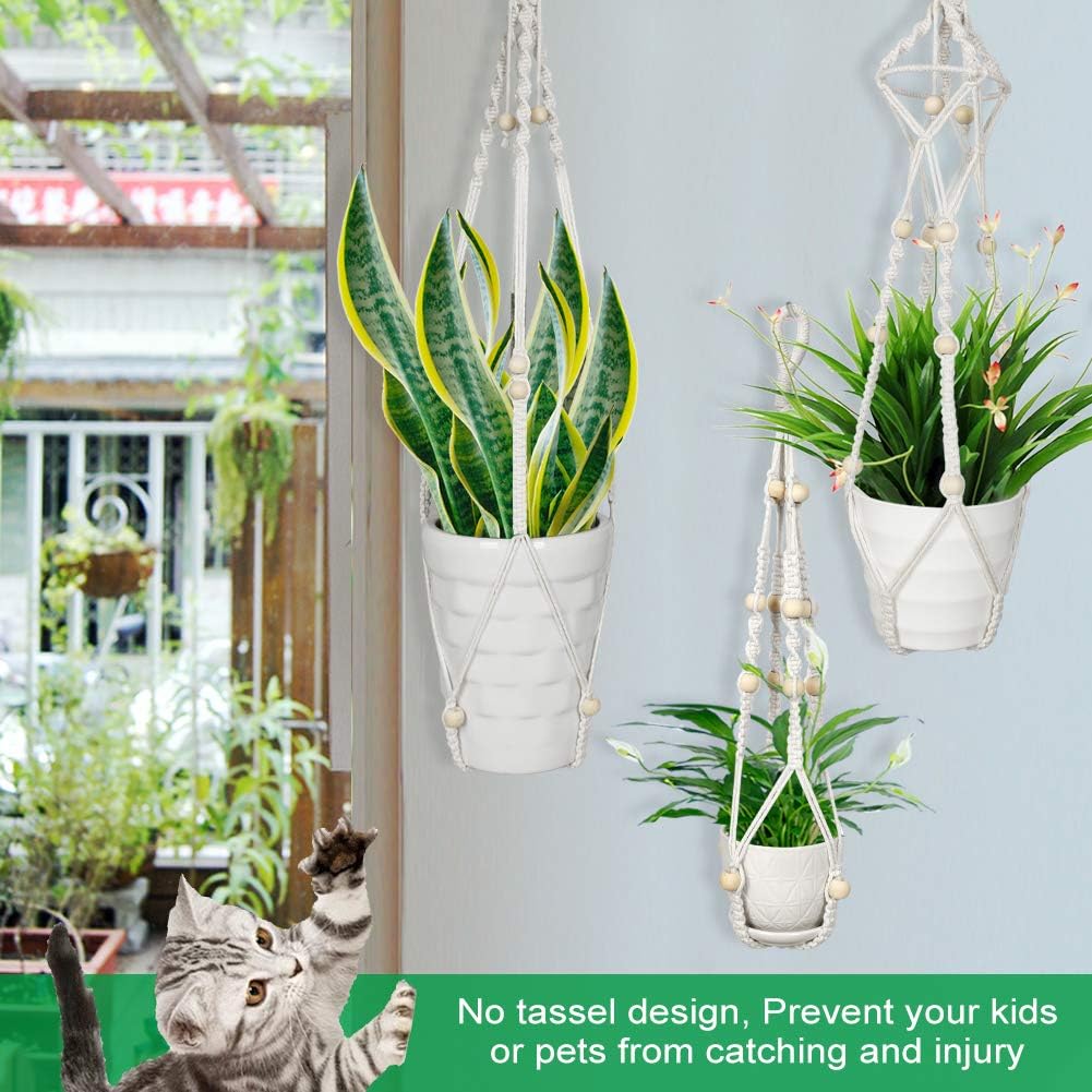 Virgooer 3 Pack Macrame Plant Hangers Indoor Hanging Planters with 6 Hooks, Handmade Cotton Rope Hanging Plant Holder with Beads for Boho Home Décor (3 Sizes, 4 Legs): Kitchen & Dining
