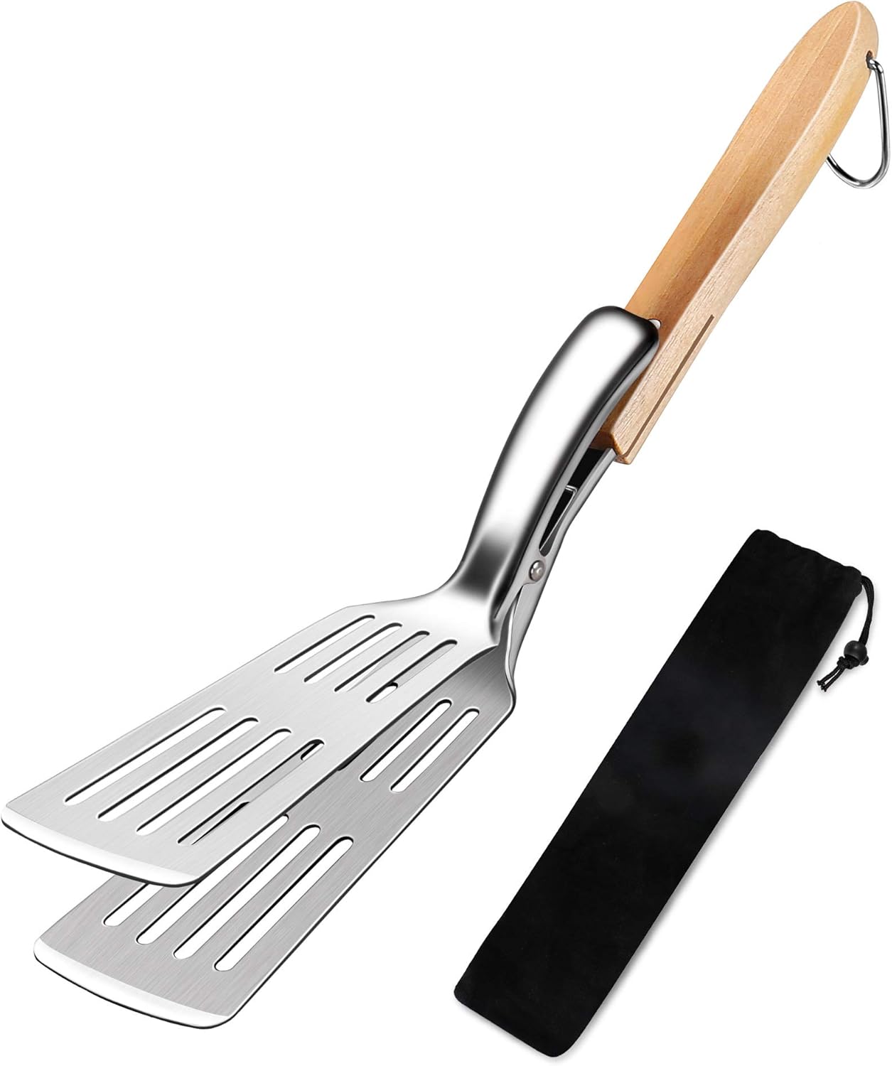 MOSFiATA 2 in 1 BBQ Grilling Spatula & Tongs with Storage Bag, Multipurpose Long Wooden Handle