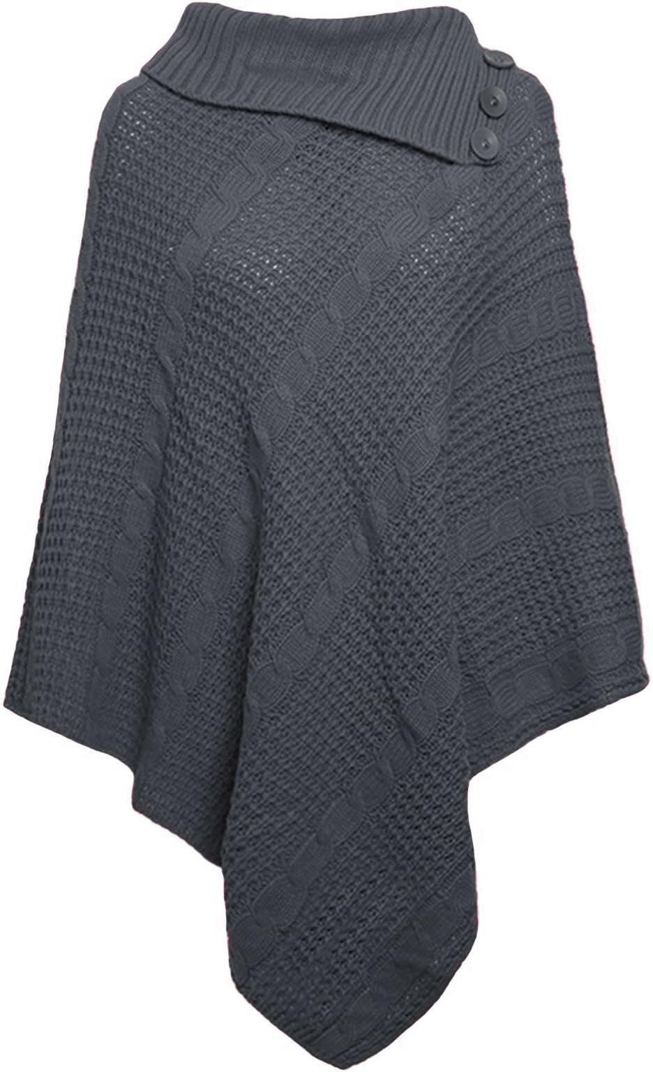 ZEE FASHIONWomen Ladies Long Knitted 3 Button Poncho Cape Shawl Wrap Jumper Top